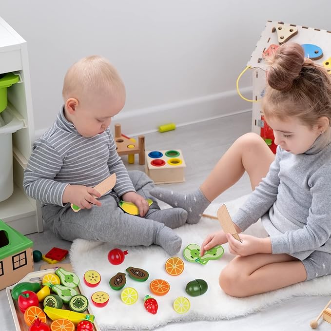 Wooden Toys for 2 Year Old - Pretend Play Food Set for Kids Play Kitchen,9 Cuttable Toy Fruit and Veg with Wooden Knif and Tray,Gift Idea for Boys Girls Birthday
