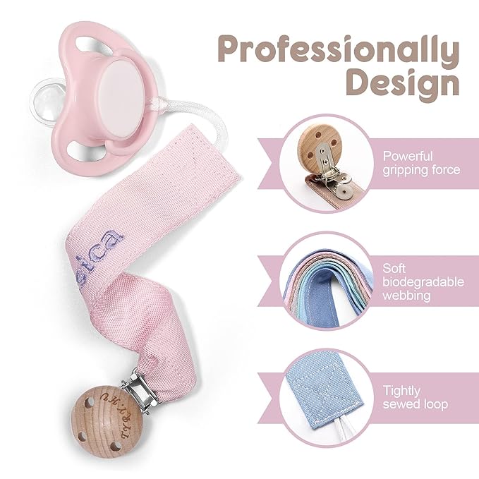 TYRY.HU Personalized Pacifier Clip with Name, Embroidery Pacifier Holder for Baby Girls and Boys, Neutral Binky Clips Universally Fit All Pacifiers & Baby Toys, Baby Gift, 2 Pack(Pink, Khaki)