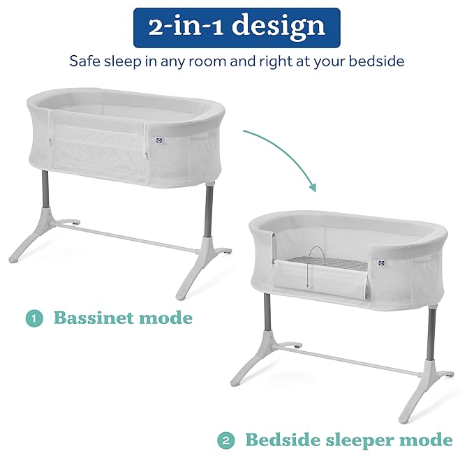 SEALY BABY Airy Dreams, Breathable, Portable Bedside Bassinet Sleeper, 2-in-1, Newborn Room Sharing, Adjustable Height, 9 Settings, Storage Pocket, Drop Down Panel