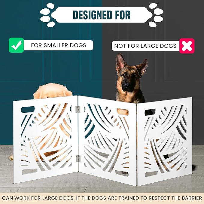 Bundaloo Freestanding Dog Gate Expandable Decorative Wooden Fence for Small to Medium Pet Dogs, Barrier for Stairs, Doorways, & Hallways (Swirl)