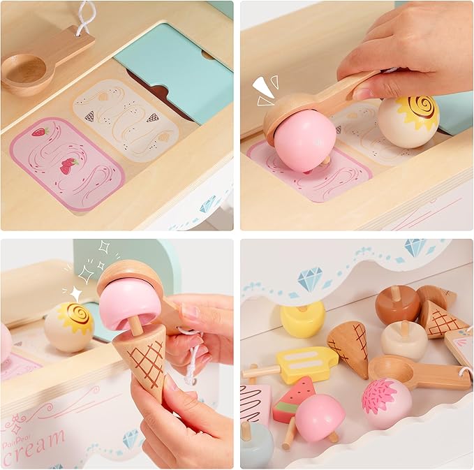 PairPear Large Wooden Ice Cream & Grocery Cart, 2 in 1 Pretend Play Ice Cream Truck Market Stand with 15 Play Food Pieces, Rolling Food Truck Toy for Kids Ages 3+