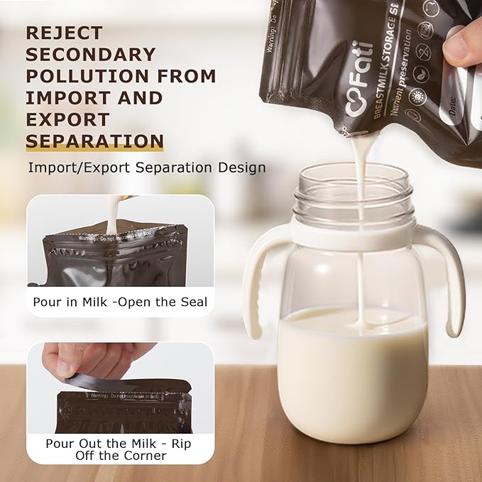 FATI Breastmilk Storage Bags-120 Pcs, 8Oz Blackout Breast Milk Storing Bag with Pour Spout for Baby Bottle Feeding, Breast Pump, No-Leak Milk Freezer Storage Pouches Self-Standing, Baby Essentials