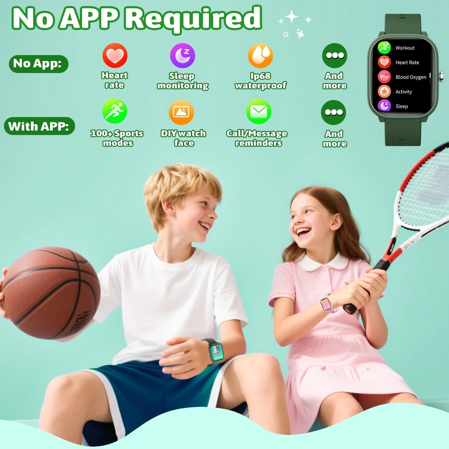 Smart Watch for Kids Girls Boys No APP/Phone Needed, 1.8" IP68 Waterproof Sport Kids Watch Pedometer, Heart Rate, Sleep Monitor, Step Counter, 12 Puzzle Games for Girls Boys Teens 6-16
