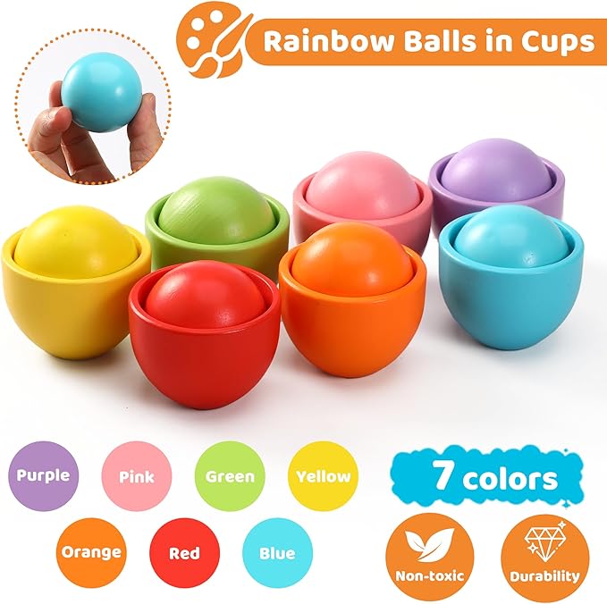 Montessori Larger Ball in Cup Color Sorting Toy for Toddlers Wooden Rainbow Ball Color Matching Toy - 7, 46mm