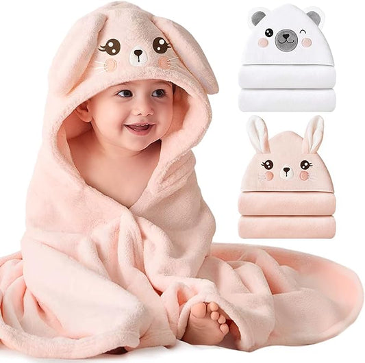 Konssy 2-Pack Hooded Baby Towels, 32" × 32" Soft & Absorbent Plush Fleece, Cute Animal Hood, Baby Bath Towels for Newborns & Toddlers, Boys & Girls