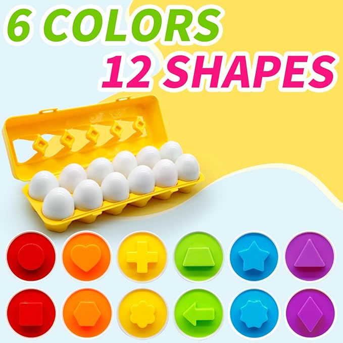 Matching Eggs for Toddlers 1-3, 12 Pcs Set Shape Sorter Puzzle Color Sorting Learning Fine Motor Skills Game, Sensory Educational Montessori Toys Gift for 1 2 3 Year Old Kids Baby Boys Girls
