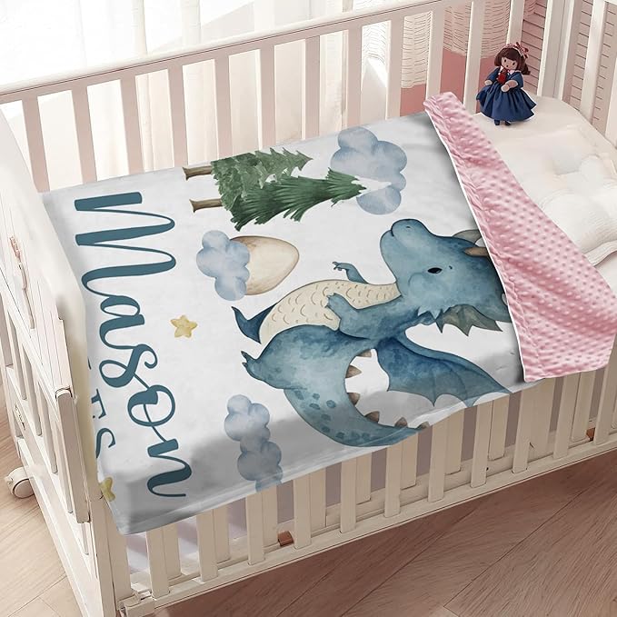 Personalized Baby Boy Blanket with Dinosaur Design, Custom Name Blanket for Toddlers Infants Boys Girls, Nursery Double Layer Dotted Backing Receiving Swaddle, Adorable Baby Gift Idea(60"x80")