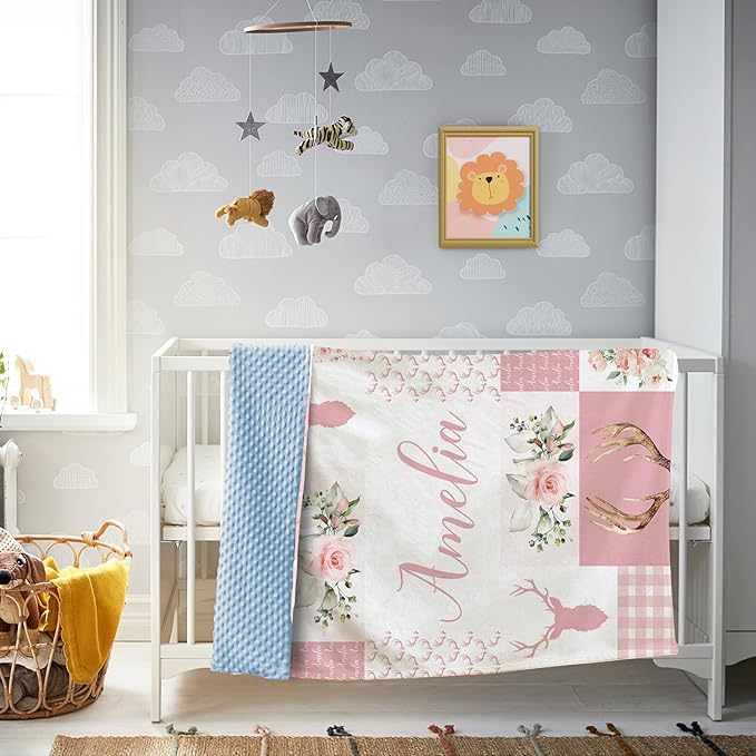 Baby Girl Blanket with Name – Personalized Pink Baby Blanket for Infant Toddler Girls, Floral Woodland Deer Flannel Receiving Swaddle, Custom Newborn Gifts for Birthday New Parents(30"x40")