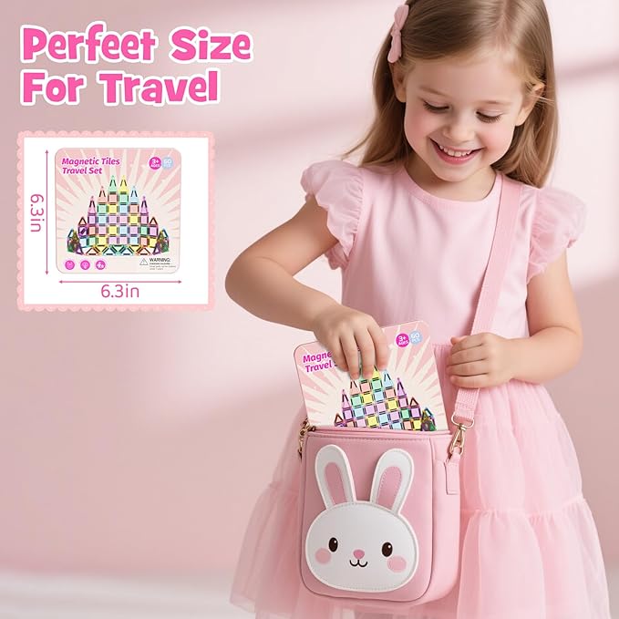 Travel Magnetic Tiles Building Set 60 PCS Transparent 3D Magnetic Blocks with Construction Board STEM Educational Building Toys for Boys & Girls Ages 3-12