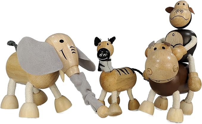 TEKOR Wooden Bendable Jungle Animal Toys (Set of 4) | Ages 3 & Up | Early Education Toy Animals for Kids | Elephant, Zebra, Hippo, Gorilla | Smooth Natural Wood | Endless Play for Girls & Boys