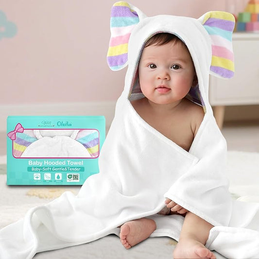 VOOVA & MOVAS Thick Baby Hooded Bath Towel - 100% Cotton,500GSM, 33x31.5 Inches,0-2Years, Super Absorbent Large Towel with Cute Elephant Ears Hood for Newborn, Baby, Infant, Baby Essentials,White