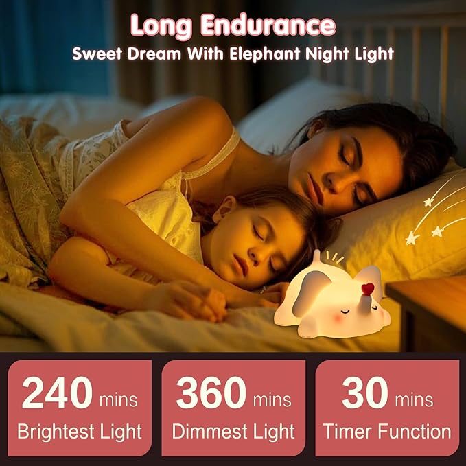 Sweet Heart Elephant Night Light, LED Squishy Novelty Animal Cute Lamp, Food Grade Silicone Nightlight, Dimmable Light Up Elephant Decor for Room College, Boys Girls White Elephant Gifts