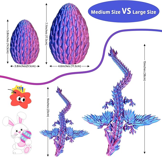 3D Printed Dragon Eggs with Articulated Fly Dragon Inside, Collectible Figurines Fidget Toy for Adults Kids Birthday Easter Christmas White Elephant Gifts for Friends Colleagues(Purple, L size)