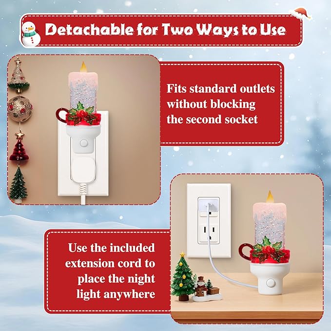 Christmas Candle Night Light Plug into Wall Glitter Water Nightlight with USB/Outlet Options, Christmas Decorative Nightlight for Bedroom Kitchen Nursery Hallway Holiday Decorations Gifts (Candle)