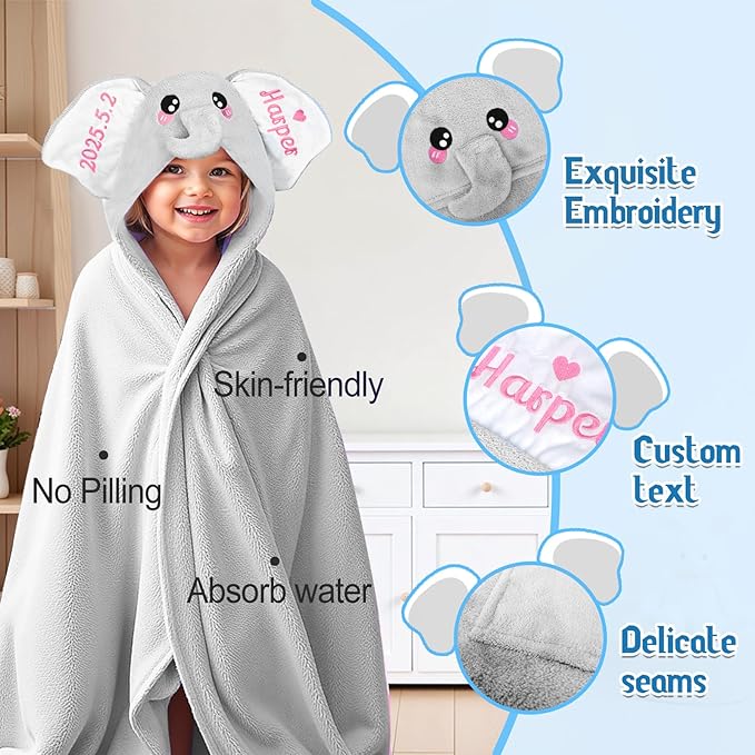 Custom Hooded Baby Towel with Name, Personalized Soft Absorbent Elephant Bath Towel, Shower Towels for Girls Boys, Easter Brithday for Kids Baby, Toddler, Newborn Essential