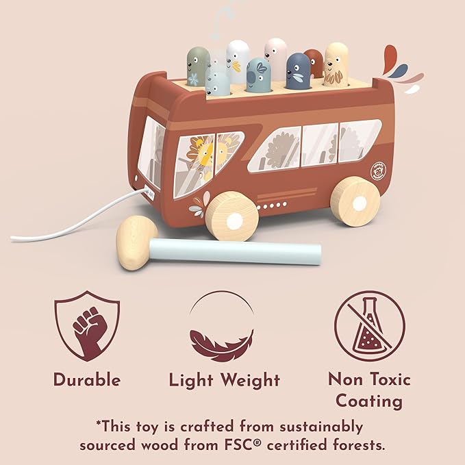 Speedy Monkey Bus Pounding Bench, Pull-Along Bus with Hammering Activity, 8 Wooden Characters, Enhances Hand-Eye Coordination, Safe Design, Non-Toxic Paint, Educational Toy for Kids 2-5 Years