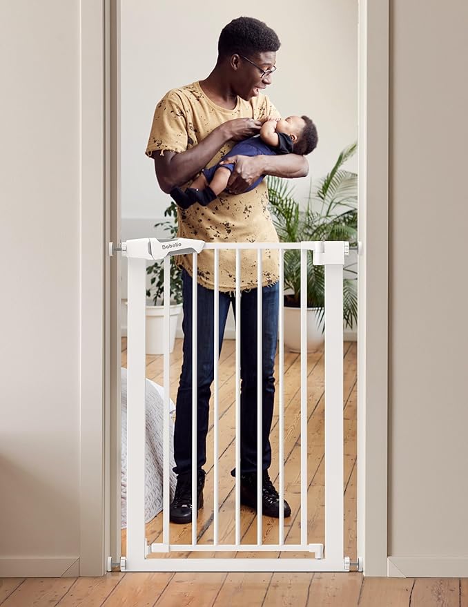 BABELIO 36" Tall Narrow Baby Gate, 26-28.5" Wide Auto-Close Metal Pet Gate for Small Stairs/Doorways/Hallways, Pressure/Hardware Mounted for Child and Pets, NO Extensions, White