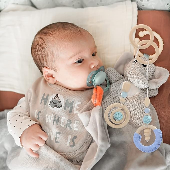 Teething Rings 4Pcs Baby Gym Wood Toys Wooden Hanging Toy Wood Activity Pendant Hanging Toy Dangling Teething Soother Sensory Toys Nursery Decor Montessori Play Gym