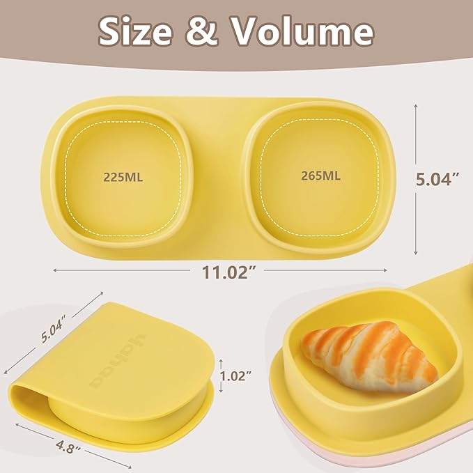 Silicone Foldable Novelty Dinner Plates,Baby Plates Travel Essential with Forks and Spoons,Microwave & Dishwasher Safe,Lemon