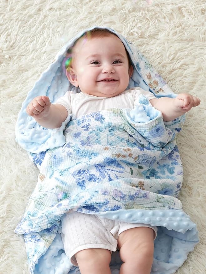 TILLYOU Baby Blankets for Girls Boys, Receiving Baby Blanket with Double Layer Soft Plush, Minky Muslin Cotton Front and Dotted Backing 30"x40", Blue Flower