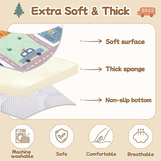 Baby Play Mat for Floor,Soft 50x50 Playpen Mat,Thick Foam Cushioned Playmat for Tummy Time,Safe Non-Slip Backing for Crawling for Kids Toddlers Infants,City Road