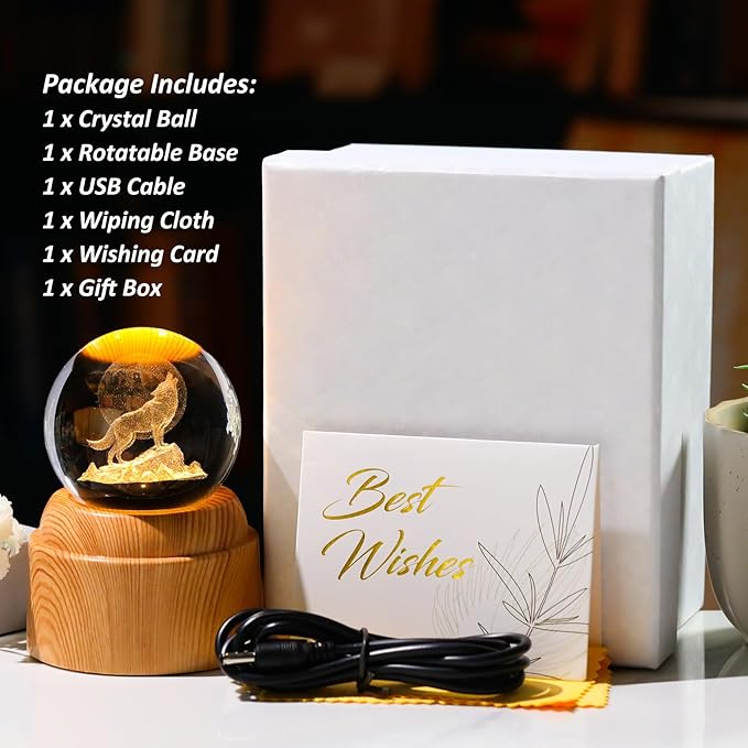 60mm 3D Wolf Crystal Ball with Rotatable Warm Light Wood Base, Wolf Gifts for Women Men Wolf Lovers, Wolf Figurines Decorations Lamp Night Lights