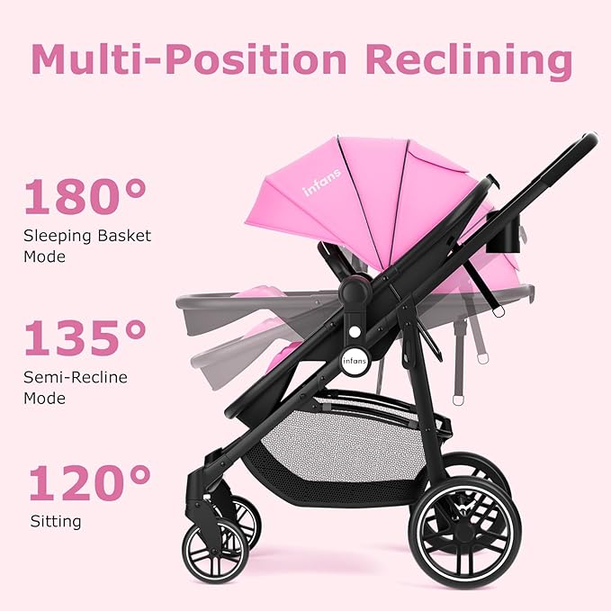 INFANS 2 in 1 Baby Stroller, High Landscape Infant Stroller & Reversible Bassinet Pram, Foldable Pushchair with Adjustable Canopy, Storage Basket, Cup Holder, Suspension Wheels (Pink)