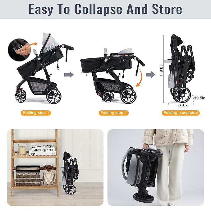 Baby Stroller, 2-in-1 Reversible ToddlerSeat with Lie-Flat Mode, Foldable Infant Stroller with Canopy, One Button Brake, Adjustable Handle, Newborn Pushchair (Gray B)