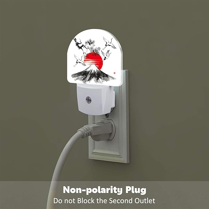 Red Sun Fuji Mountain and Storks Night Light Plug into Wall, Ink Landscape Painting Dusk to Dawn Night Light Plug in,0.5w Energy Saving Sleep Friendly NightLight for Kids Boys Girls Home Decor