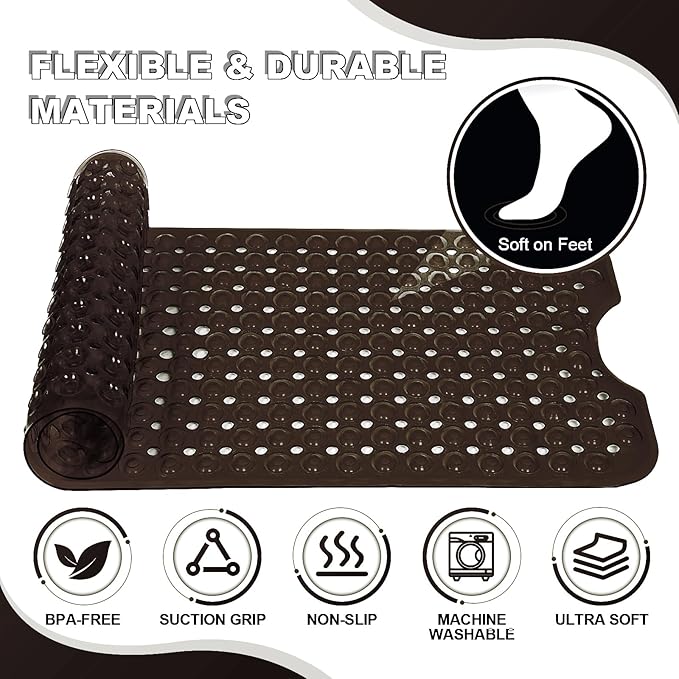 Linoows Bathtub and Shower Mats, 40x16 Inch Extra Large Non Slip Soft Bath Tub Mat with Suction Cups and Drain Holes for Bathroom Floor and Keep Tubs Clean, Machine Washable, Clear Chocolate