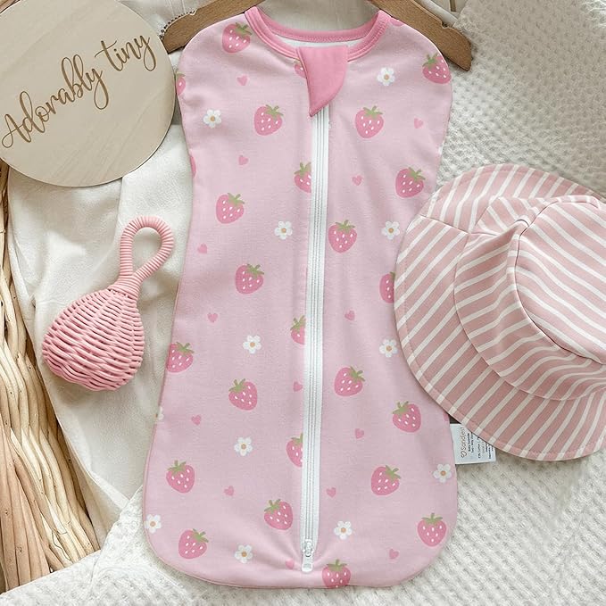 Baby Swaddle 0-2 Months, Cotton Arm-In Zipper Sleep Sack, Wearable Blankets Wrap for Newborn Infant Girls (Strawberry, Heart, Pack of 2)