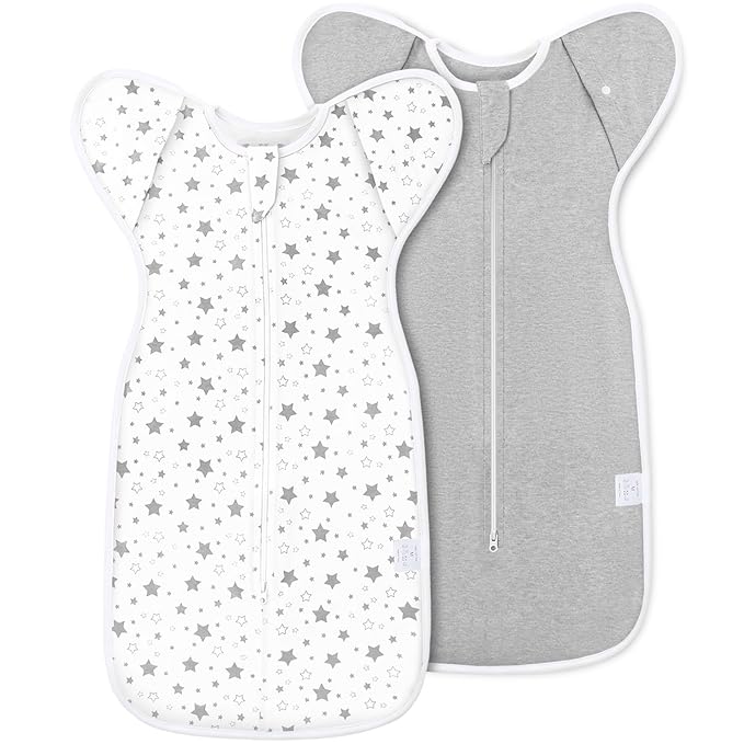 2-Pack Baby Swaddle Sleep Sack 3-6 Months - Arms Up Transitional Swaddles with Removable Cuffs & 2-Way Zipper, Gray Stars Design, Breathable Cotton Newborn Sack
