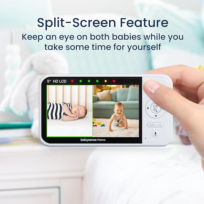 Babysense Prisma Baby Monitor with Camera and Audio, 5” HD Video Baby Monitor, 6-Color Night Light, Split Screen, Baby Sound Machine with White Noise & Lullabies, Secure No WiFi