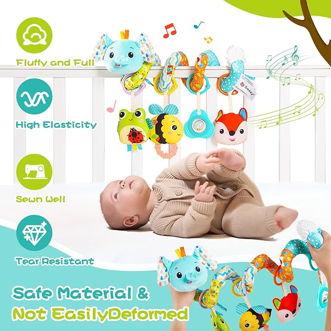 Koty Car Seat Toys, Cute Elephant Car Seat Toys for Babies 0-6 Months Boy, Stroller Toys with Crinkle, Teether, Music Box, Rattle, BB Squeaker for 0 3 6 9 12 Months Babies Infant Boys Girls Gifts