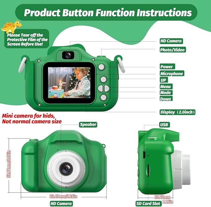 Upgrade Dinosaur Kids Camera, Christmas Birthday Gifts for Girls Boys 3-12, 1080P HD Selfie Digital Video Camera for Toddlers, Cute Portable Little Girls Boys Gifts Toys for 3 4 5 6 7 8 9 Years Old