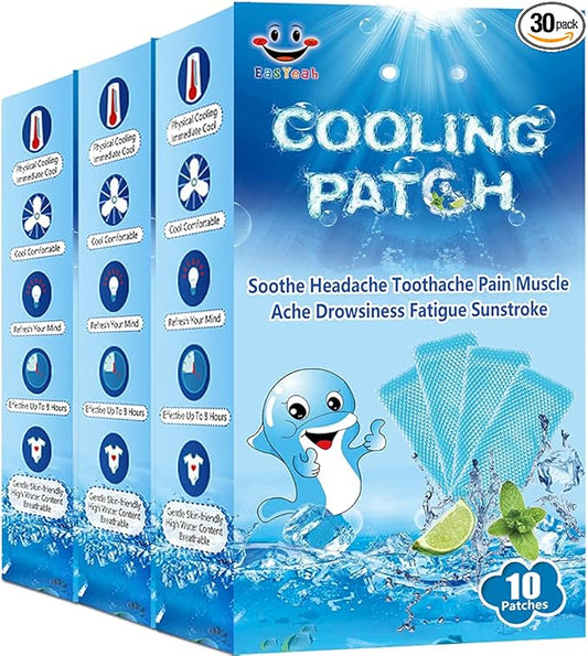 30 Sheets Cooling Patches for Fever Discomfort & Pain Relief, Cooling Relief Fever Reducer, Soothe Headache Pain, 10 Count Per Box (3 Boxes)