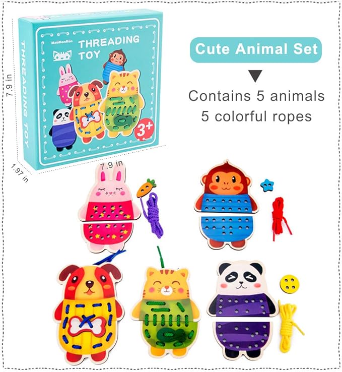 Promise Babe 5 Pack Animals Lacing Cards Wood Block Puzzle Threading Toys Montessori Toy Sewing Cards for Toddler Educational Preschool Toys…