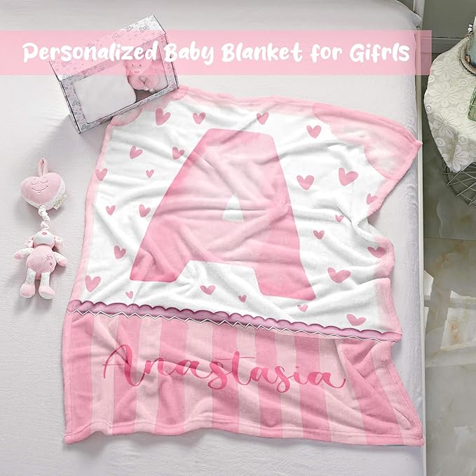 Personalized Baby Blanket for Girls, Custom Baby Blanket with Name, Soft Cozy Personalized Name Blankets for Kids, Customized Letters Blanket for Infant Toddler Birthday Christmas