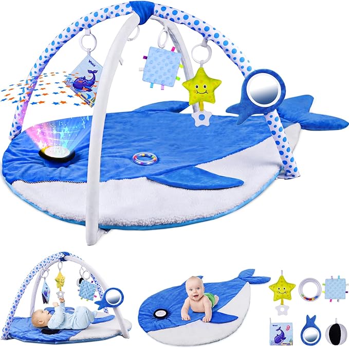 Baby Play Gym & Activity Mat,Oversize Whale Shaped Baby Play Mat w 6 Detachable Toys,Tummy Time Mat Promote Motor Skills & Sensory Development Mat, Newborn Infant Baby Essentials Gift