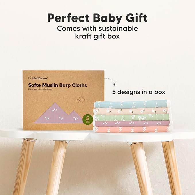 5-Pack Muslin Burp Cloths Baby Boy, Girl - Very Absorbent Baby Burp Cloth Rags, 8-Layers Viscose Derived from Bamboo Cotton Muslin Towel, Super Soft Spit Up Rags, No Shrink Washcloths (Wild Bloom)