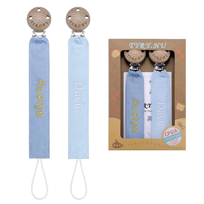 TYRY.HU Personalized Pacifier Clip with Name, Embroidery Pacifier Holder for Baby Girls and Boys, Neutral Binky Clips Universally Fit All Pacifiers & Baby Toys, Baby Gift, 2 Pack(Blue,Light Blue)