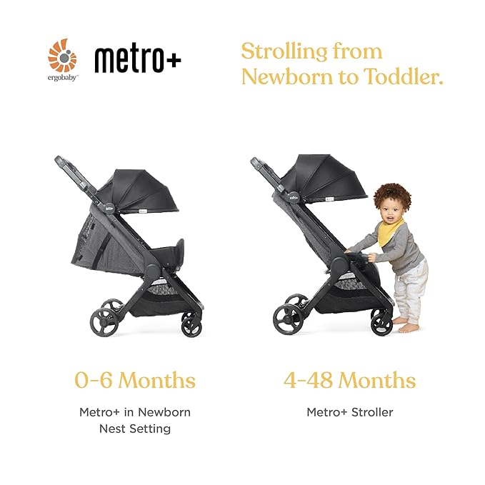 Ergobaby Metro+ Compact Baby Stroller, Lightweight Umbrella Stroller Folds Down for Overhead Airplane Storage (Carries up to 50 lbs), Car Seat Compatible, Black