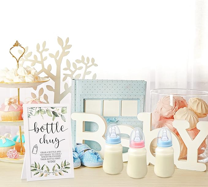 Roowest Bottle Chug Baby Shower Games Sets Including 18 Pcs Feeding Bottles with 1 Bottle Chug Wooden Sign for Gender Reveal Baby Shower Party Supplies(Pink, Blue,Eucalyptus)