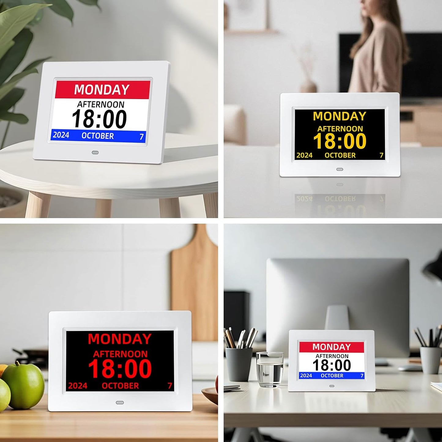 Digital Calendar Alarm Clock for Seniors - 7" Large Display with Day/Date, 12 Custom Alarms & Auto-Dimming | Medication Reminder, Dementia-Friendly Design, Easy Read (White)