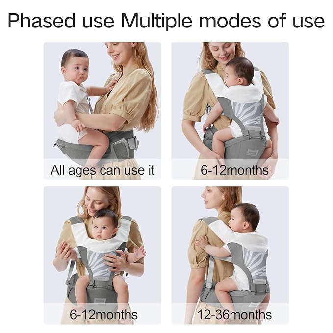 Baby Carrier Newborn to Toddler with Hip Seat, Multifunction Baby Hip, 4-in-1 Ergonomic Infant Carrier (Ergonomic M Position) Adjustable & Removable Baby Holder Carrier for 0-36 Months (Grey)