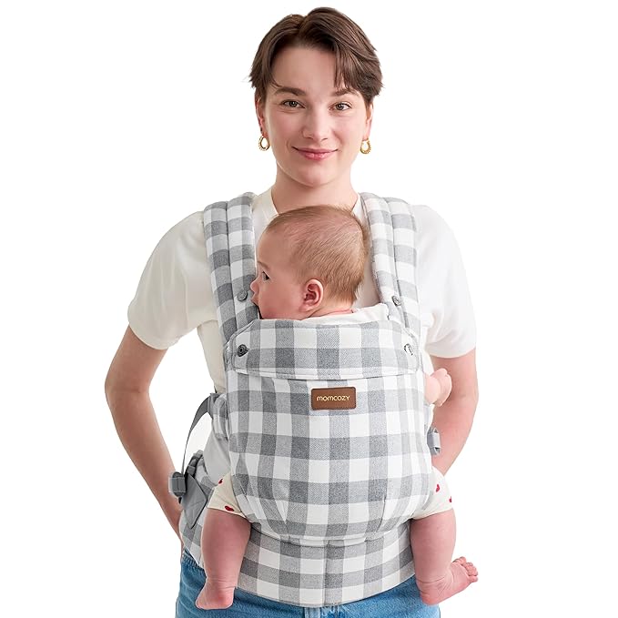 Momcozy Baby Carrier with Natural Cotton Linen, Built to Last, Ergonomic Design, Lightweight and Comfortable, Hands-Free for Moms&Dads, Slate Checkerboard