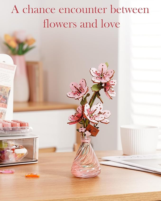 3D Flower Wooden Puzzles for Adults-Sakura, DIY Wooden Flowers Model Kit Building Set Crafts for Adults to Build, Botanical Collection/Ideal Creative Gift Ideas/Housewarming (113PCS)