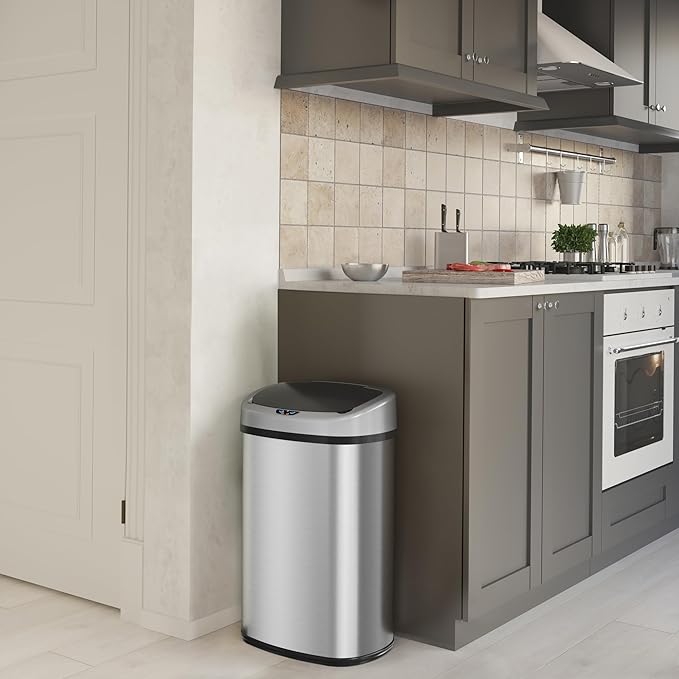 iTouchless 50 Liter / 13 Gallon Stainless Steel Kitchen Trash Can with Sensor 2.0 Tech Touchless Lid and AbsorbX Odor Filter, Oval Slim Space-Saving Automatic Garbage Bin for Home, Office, Business