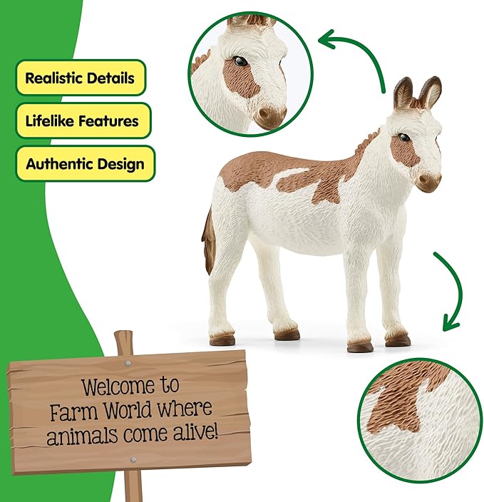 Schleich Farm World American Spotted Donkey Animal Figurine - Highly Detailed and Durable Farm Animal Toy, Fun and Educational Play for Boys and Girls, Gift for Kids Ages 3+, Multicolor, 2.5 inch
