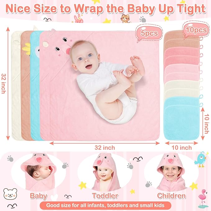 15 Pack Hooded Baby Towels, 5 Packs Soft Baby Bath Towels with Hood for Babies, 10 Packs Baby Washcloths for Newborns, Toddlers, and Kids- Absorbent, Baby Stuff Shower as Best Gifts for Boys and Girls